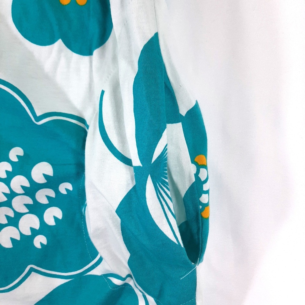 Retro Floral Cotton Mini Dress Teal White Orange Tie Strap Pockets Y2K Inspired - Picture 7 of 8